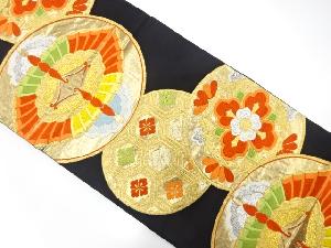 アンティーク　丸紋に向かい蝶・花模様織り出し袋帯（着用可）